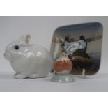 A Royal Copenhagen white glazed crouching rabbit numbered 4705, a miniature robin numbered 2238