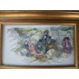 Phyllis Weare, a watercolour depicting figures at a picnic, signed, and an oval Bartolozzi