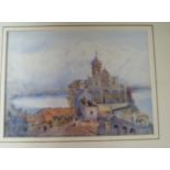 M.H. Fox, a watercolour view of a church above a town with lake and mountains beyond, signed and