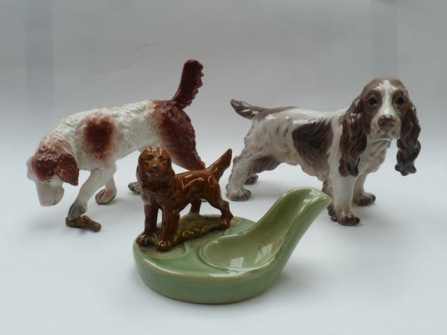 A Dahl Jensen Copenhagen china Setter dog figure, a Staffordshire style hound and a Wade pipe