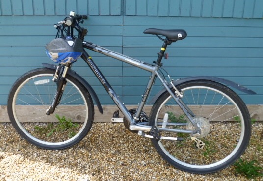 A gentleman's 18 speed Mongoose Rockadile Mountain bike with safety helmet and lock.