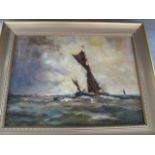 M.J. Rendell, an oil on canvas painting of a sail boat on a stormy sea, together with a smaller