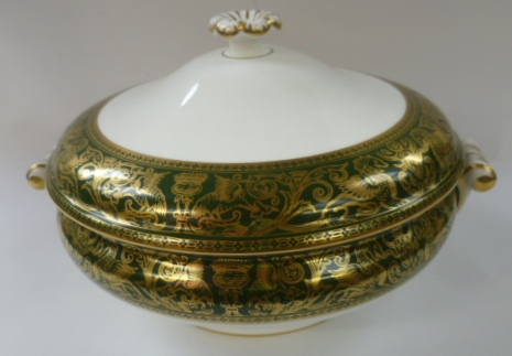 Three Wedgwood green 'Florentine' patterned circular lidded two-handled tureens, a similar Spode