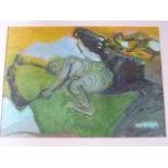 Jane Green, an acrylic on paper depicting figures on horseback, 'Racehorses', signed 'SJG'.