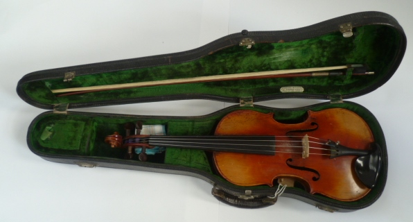 An early 20th century violin (possibly Berlin School) complete with Lupot bow, contained within an