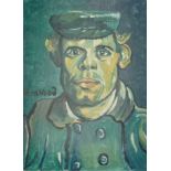 I Sherwood, a 20th century oil on board portrait of a man wearing a green cap, indistinctly signed.