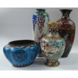 Three various cloisonne vases and a similar bowl.