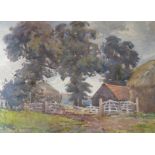 English School, a late 19th century watercolour landscape with haystacks and barn.