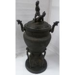 A large Japanese bronze incense burner with two stylised dragon handles, the main bowl with raised