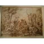 A Renaissance pen and ink and wash drawing of a fete champetre scene with mythological figures in