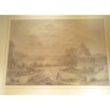 Thomas Sunderland, a pencil and wash sketch of Dumbarton Castle within an extensive landscape,