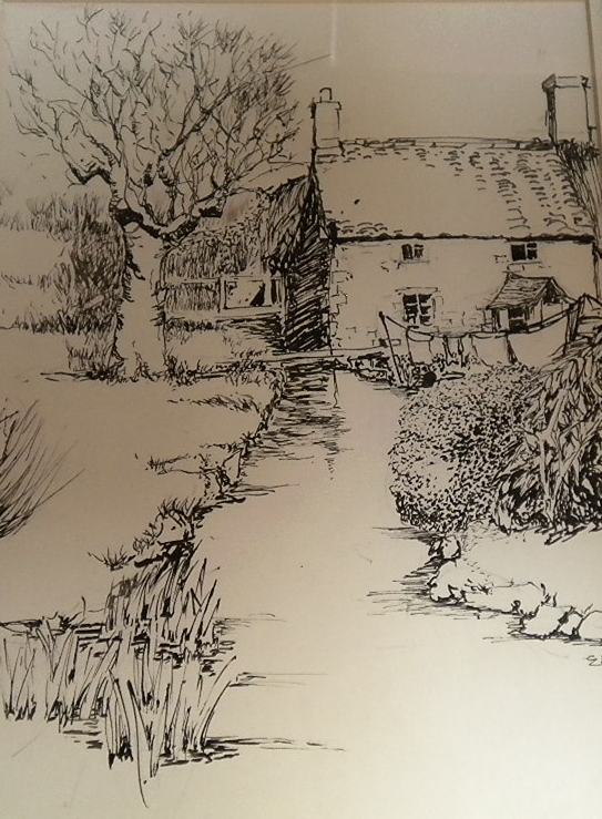 Ellie Bradfield, a pen and ink sketch of a cottage and garden with washing line, signed with