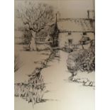 Ellie Bradfield, a pen and ink sketch of a cottage and garden with washing line, signed with