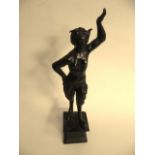 An early 20th century bronze figurine of a standing satyress with one hand raised, 10'' high.