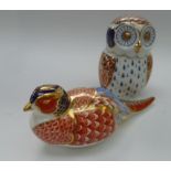 A Royal Crown Derby Imari palette paperweight in the form of a pheasant (gold seal intact) and an