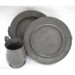 Two pewter hot water plates and a pewter tankard engraved 'Middle Temple Golfing Society' 1954',