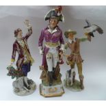 A Kaiser porcelain figurine depicting a falconer and two Capodimonte style male figurines.