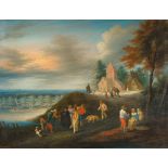 THEOBALD MICHAU
1676 Tournai - Antwerpen 1765

Hügelige Landschaft mit Kirchgängern im Abendrot.

Öl