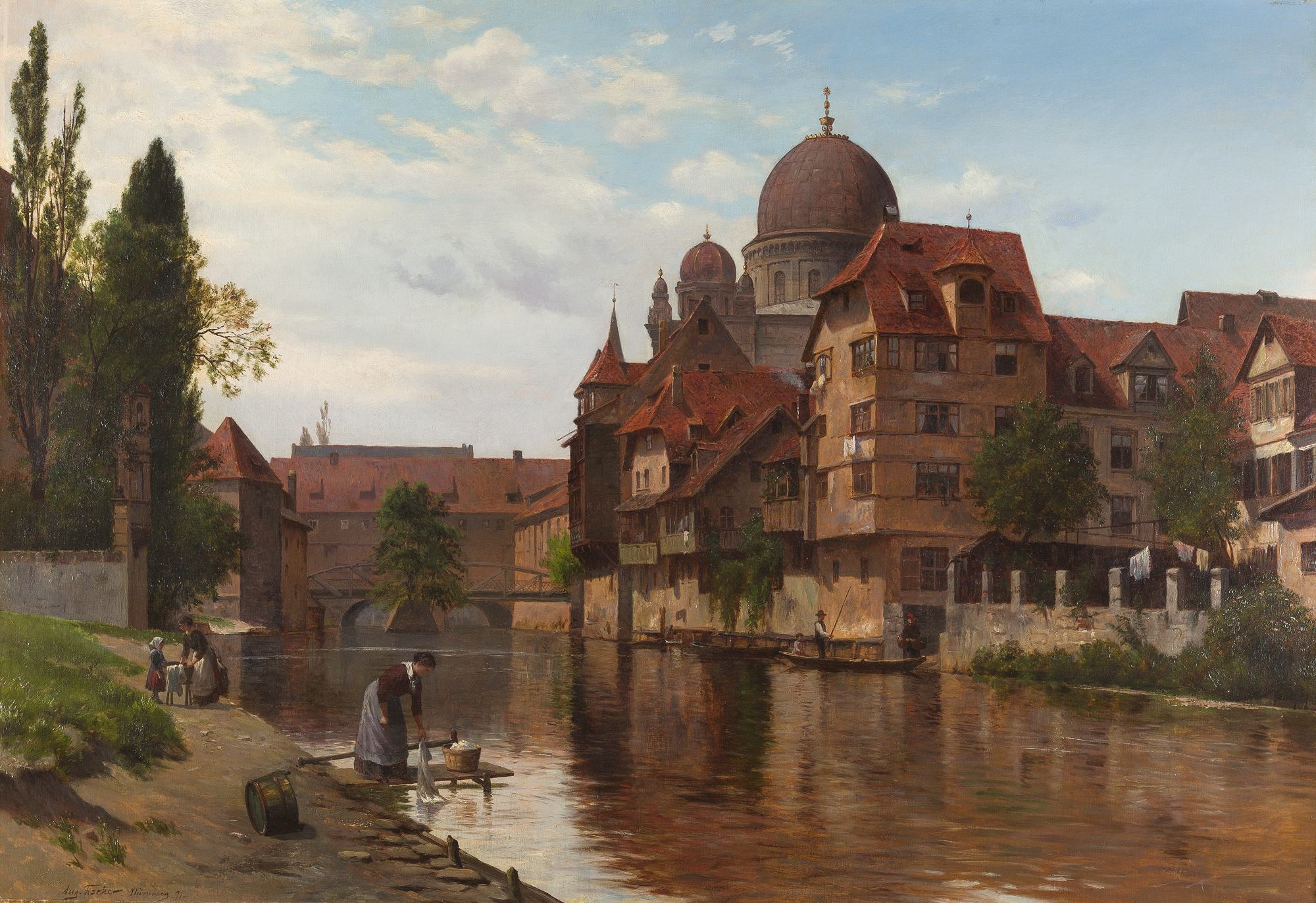 AUGUST FISCHER
1854 - Kopenhagen - 1921

Blick vom Pegnitzufer in Nürnberg auf die Synagoge.
1891
Öl