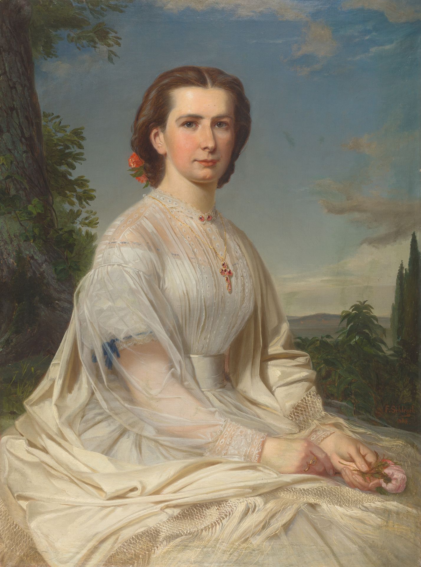 FRIEDRICH AUGUST SCHLEGEL
1828 Heidersdorf - Dresden 1895

Porträt einer Dame vor weiter Landschaft.