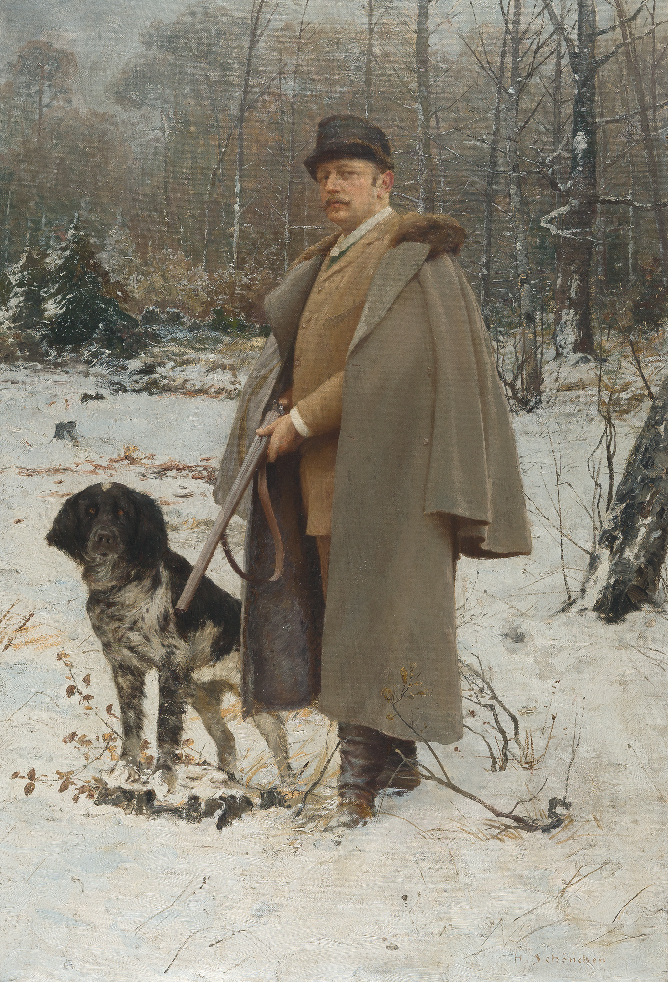 HEINRICH SCHÖNCHEN
1861 - München - 1933

Thomas Knorr auf der Jagd.

Öl auf Leinwand. 80 : 55 cm.