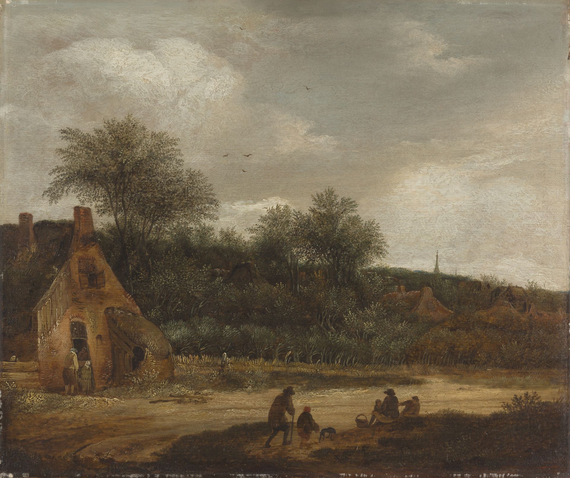 HAARLEMER SCHULE


Weite Landschaft mit Bauern bei einem Gehöft, im Hintergrund ein
1650
Kirchturm.