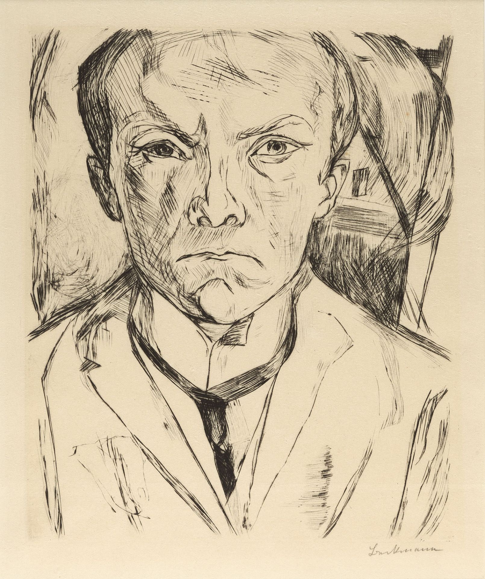 MAX BECKMANN
1884 Leipzig - New York 1950

Selbstbildnis von vorn, im Hintergrund Hausgiebel.
1918