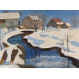 GABRIELE MÜNTER
 1877 Berlin - Murnau 1962
 
 Moorbach mit Häusern im Schnee.
 1932
 Öl auf