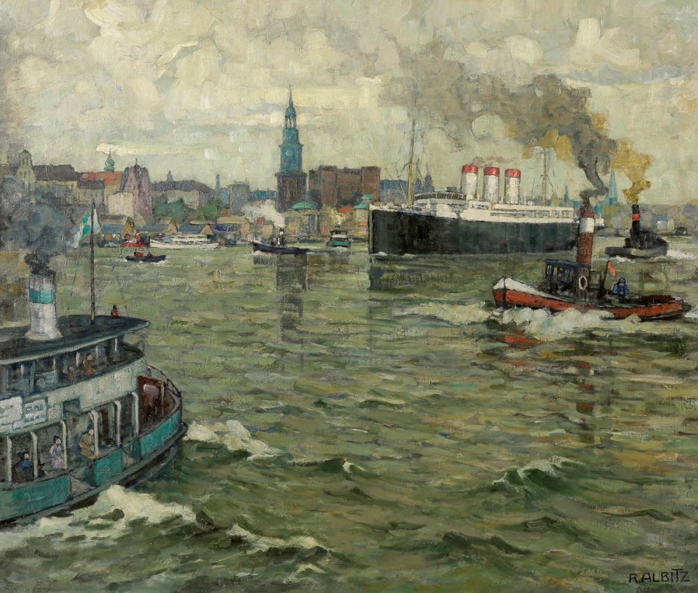 Richard Albitz 1876 Berlin - 1954 Bautzen - "Aus dem Hamburger Hafen" - Öl/Lwd. 70,5 x 82 cm.