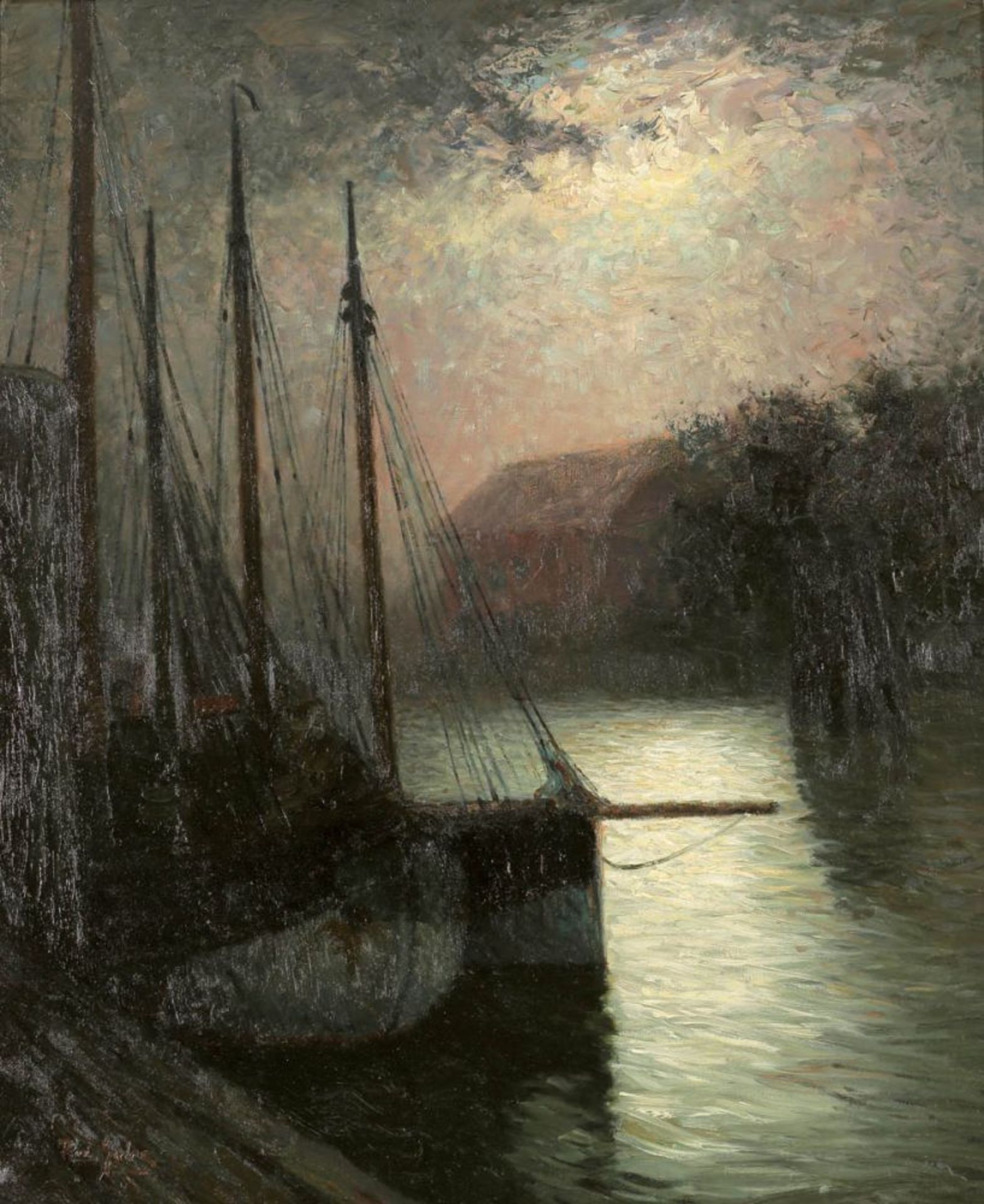 Rudolf Anton Guba 1884 Hamburg - 1950 München - Boote bei Nacht - Öl/Lwd. 90,5 x 74,5 cm. Sign. l.