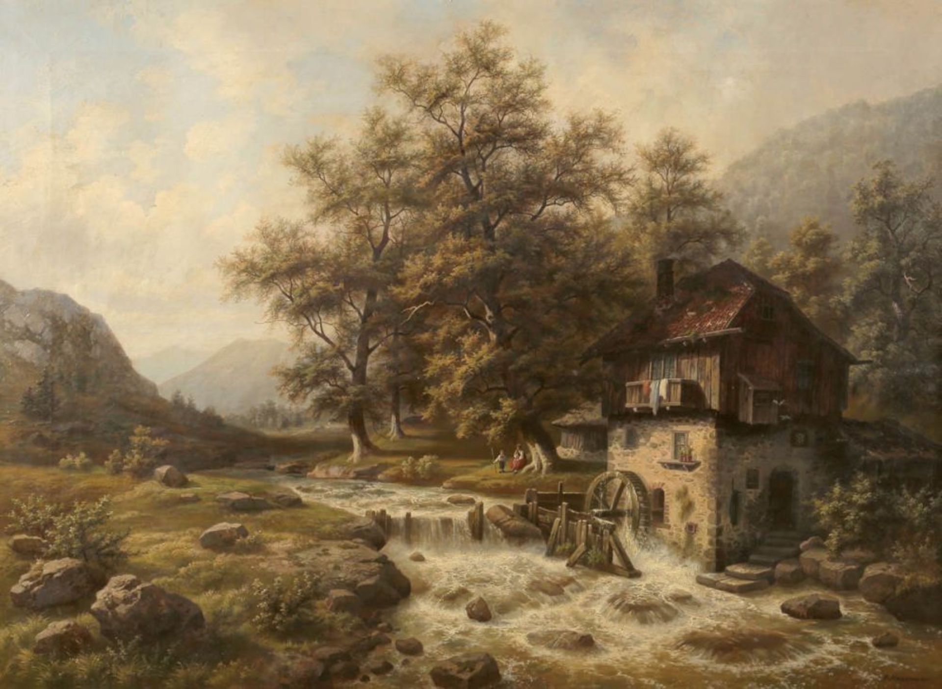 Gustav Hausmann 1827 Barbis - 1899 Hannover - Die Wassermühle - Öl/Lwd. 96,5 x 131 cm. Sign. r.