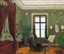 F. Rohmann Künstler des 19. Jahrhunderts - "Großvater sitzt am Fenster" - Öl/Lwd. 33,5 x 39,5 cm.