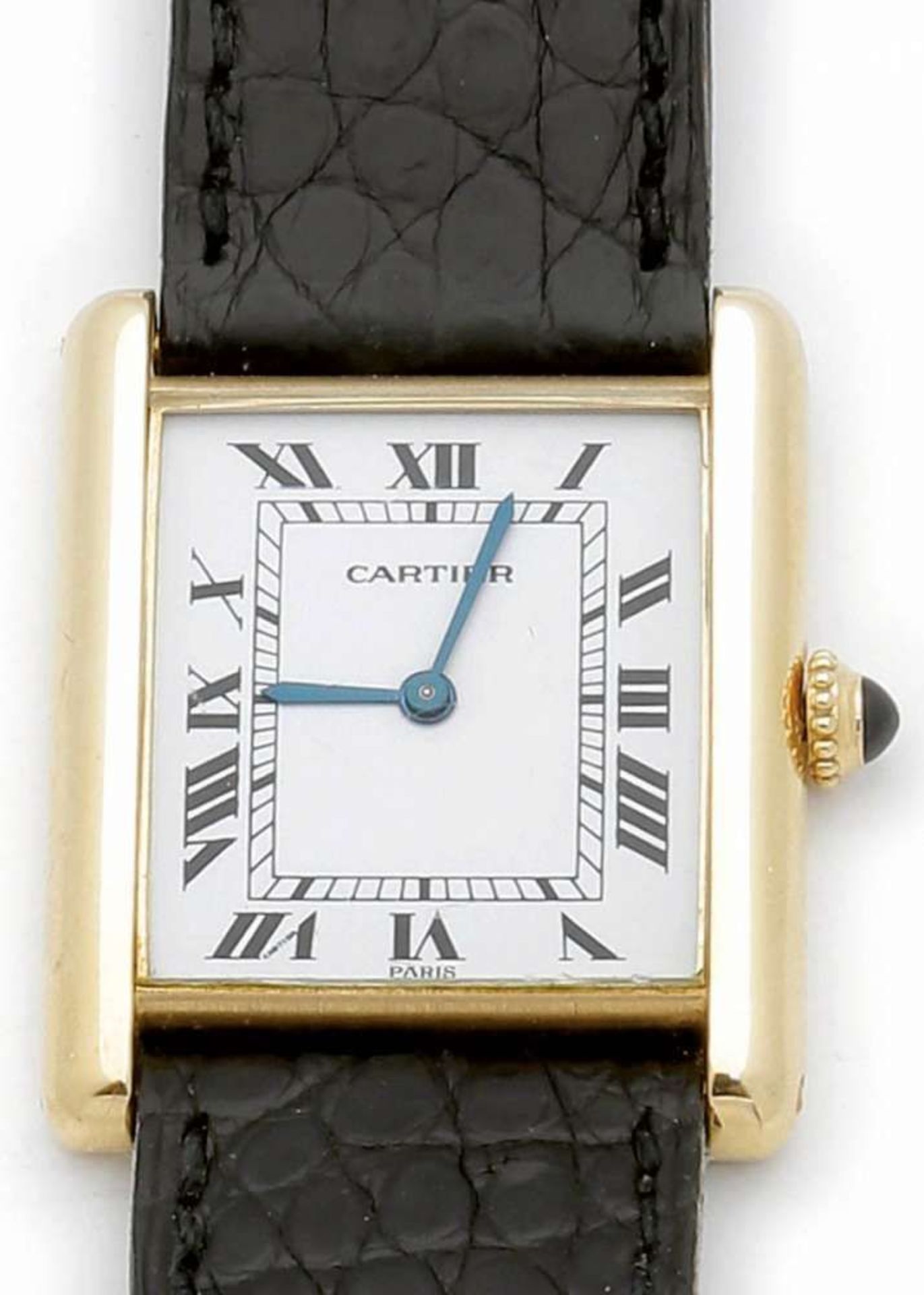 Cartier-Armbanduhr Fa. Cartier, Schweiz. Modell: Tank Louis Cartier. 750er GG, gestemp. Saphir.