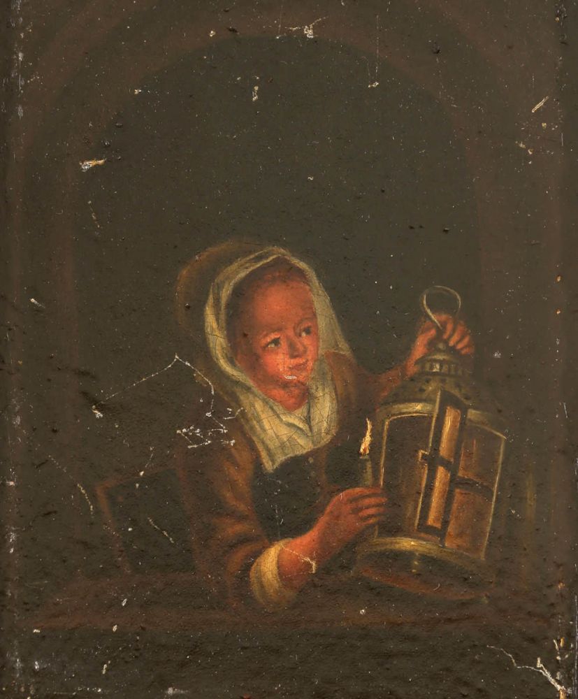 Künstler des 18. Jahrhunderts wohl niederländisch - Mädchen im Schein einer Kerze - Öl/Holz. 17 x 12
