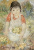 Le Thi Luu 1911 Bac Ninh/Vietnam - 1988 Frankreich - Mädchen im Garten - Gouache/Seide auf Karton.
