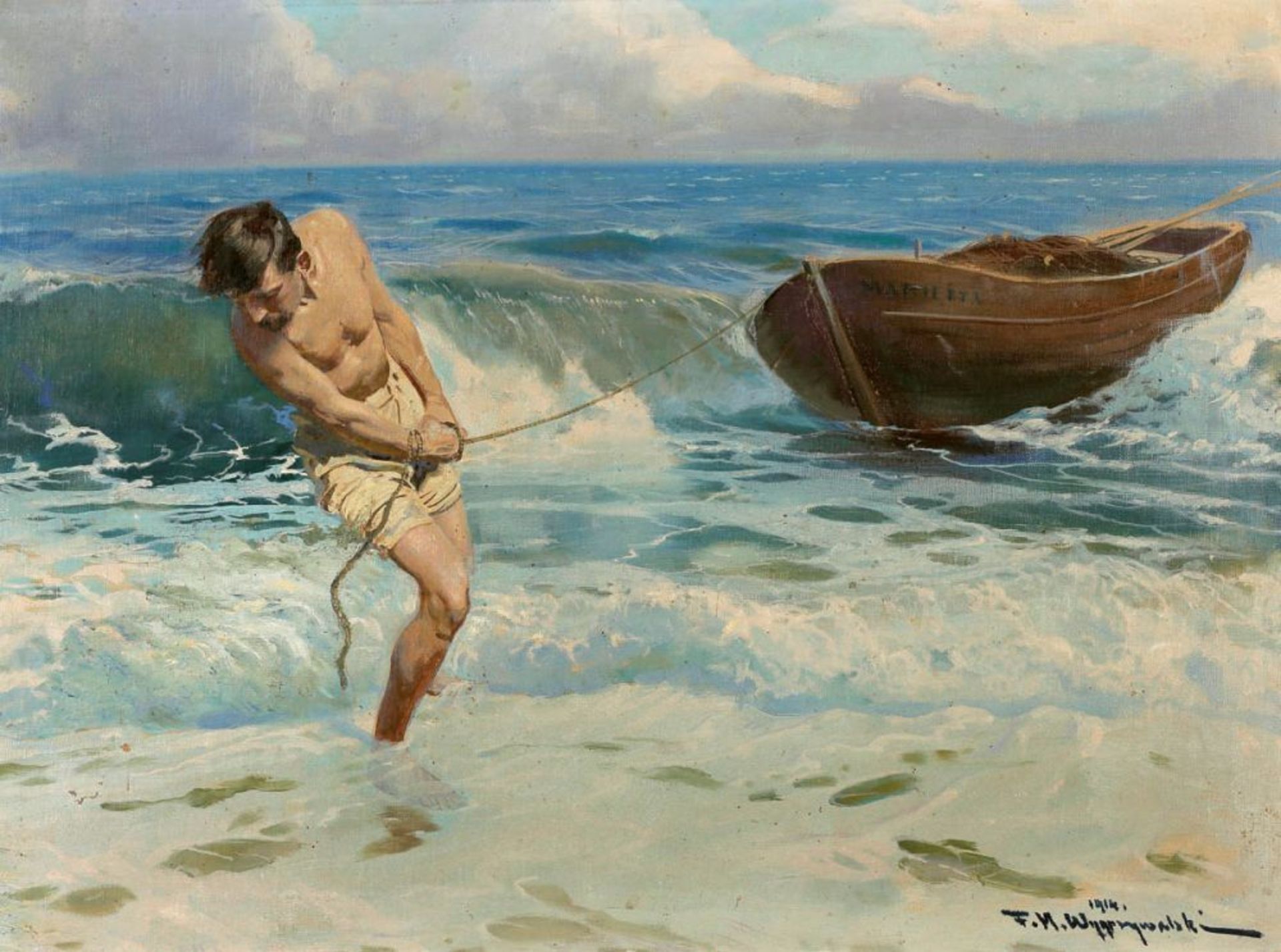 Feliks Michal Wygrzywalksi 1875 Przemysl - 1945 Rzeszowa - Mann beim Einholen eines Bootes (