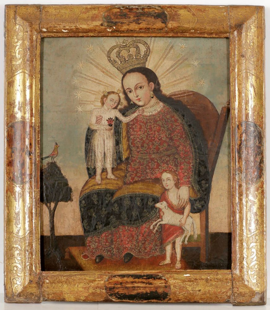 Künstler der Cusco-Schule - Madonna mit Kind - Öl/Lwd. auf Holz. 52,5 x 42,5 cm. Rahmen. Rest.