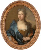 Künstler um 1780 - Bildnis einer jungen Dame - Öl/Lwd. Altdoubl. 84,5 x 66,5 cm (oval). Floral