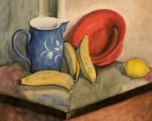 Paul Neff Künstler des 20. Jahrhunderts - Stillleben mit Zitrone und Bananen - Aquarell/Papier. 40 x