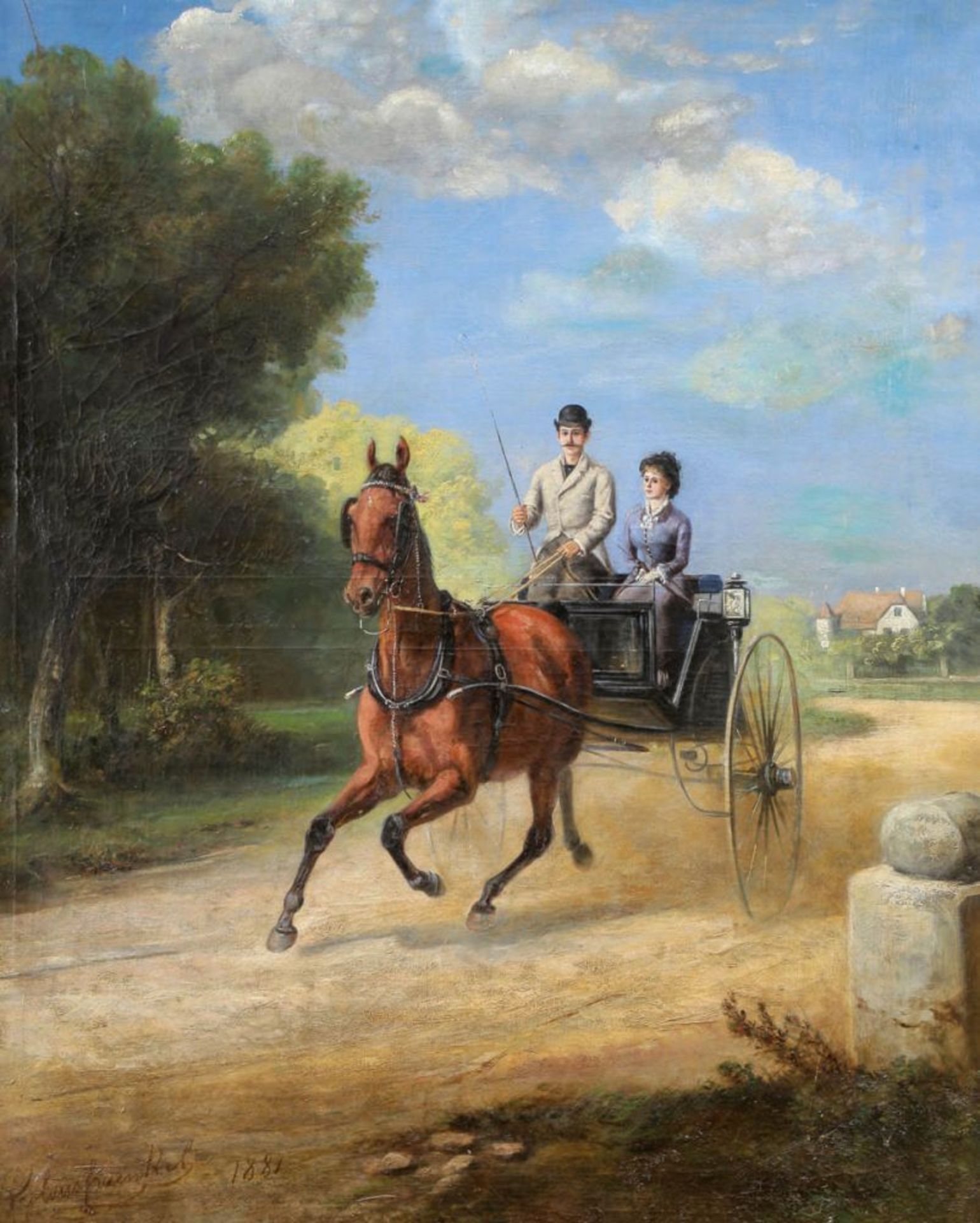 Künstler des 19. Jahrhunderts - Kutschfahrt - Öl/Lwd. Doubl. 100,5 x 80,5 cm. Undeutl. sign. und