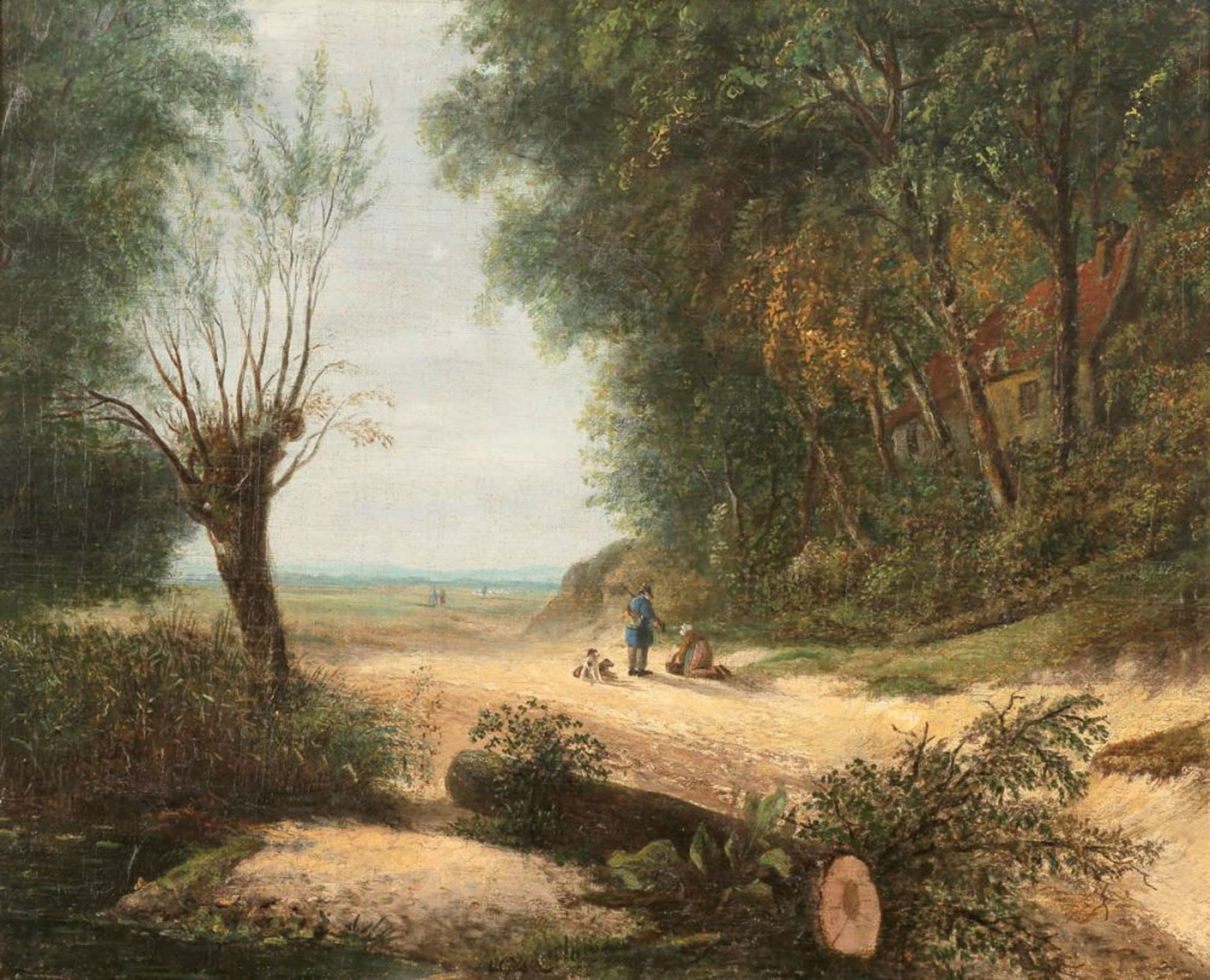 Künstler des 19. Jahrhunderts - Jäger und Bäuerin in Landschaft - Öl/Lwd. Doubl. 35 x 43,5 cm.