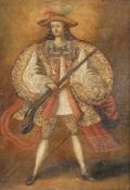 Maler der Cusco-Schule Wohl 17./18. Jahrhundert - Mann mit Gewehr - Öl/Lwd. Doubl. 30,5 x 21,7 cm.
