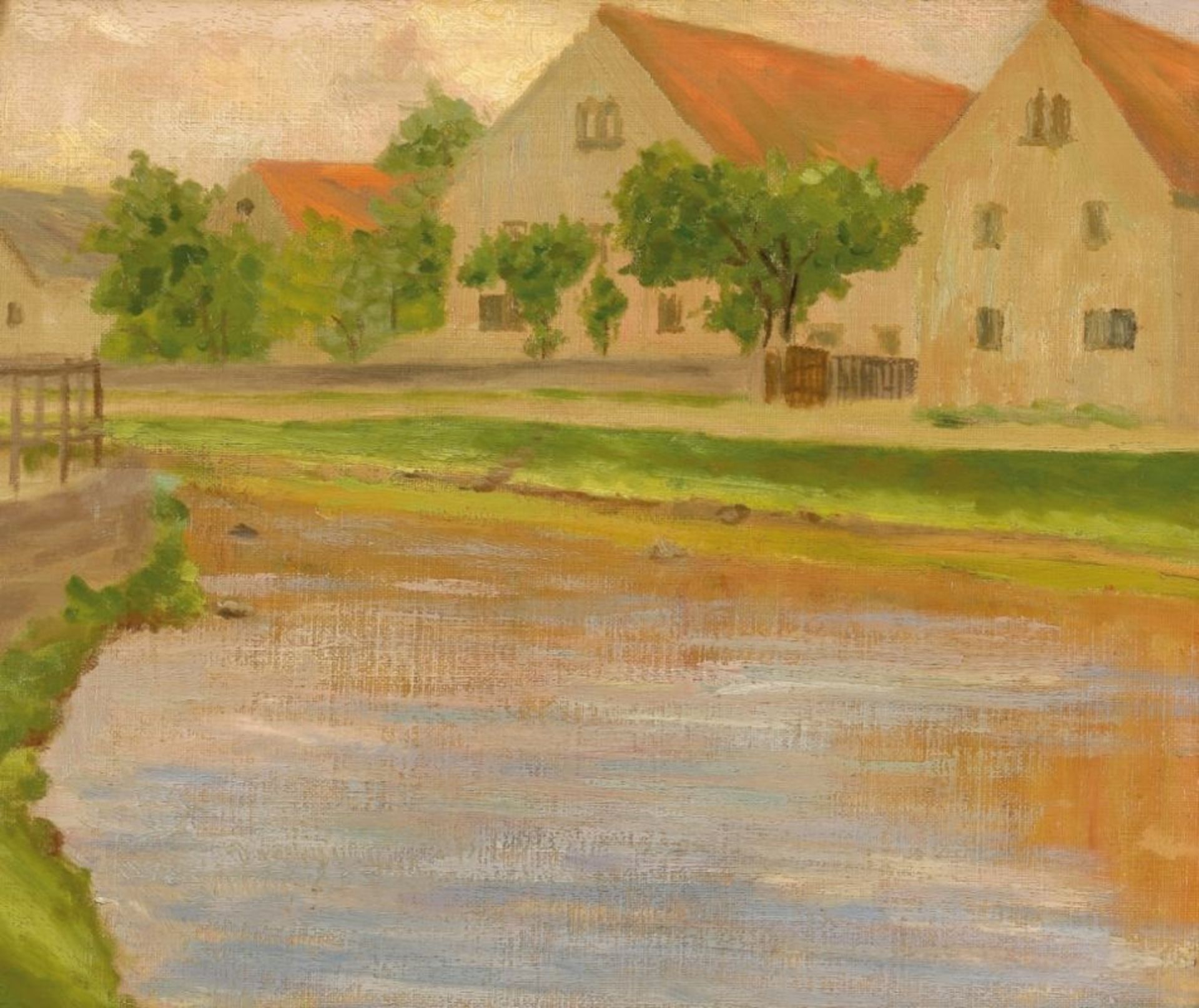 Eva Langkammer1884 Leipzig - 1980 Berlin - Dorfhäuser - Öl/Lwd. auf Holz. 30,5 x 38 cm. Rückseitig