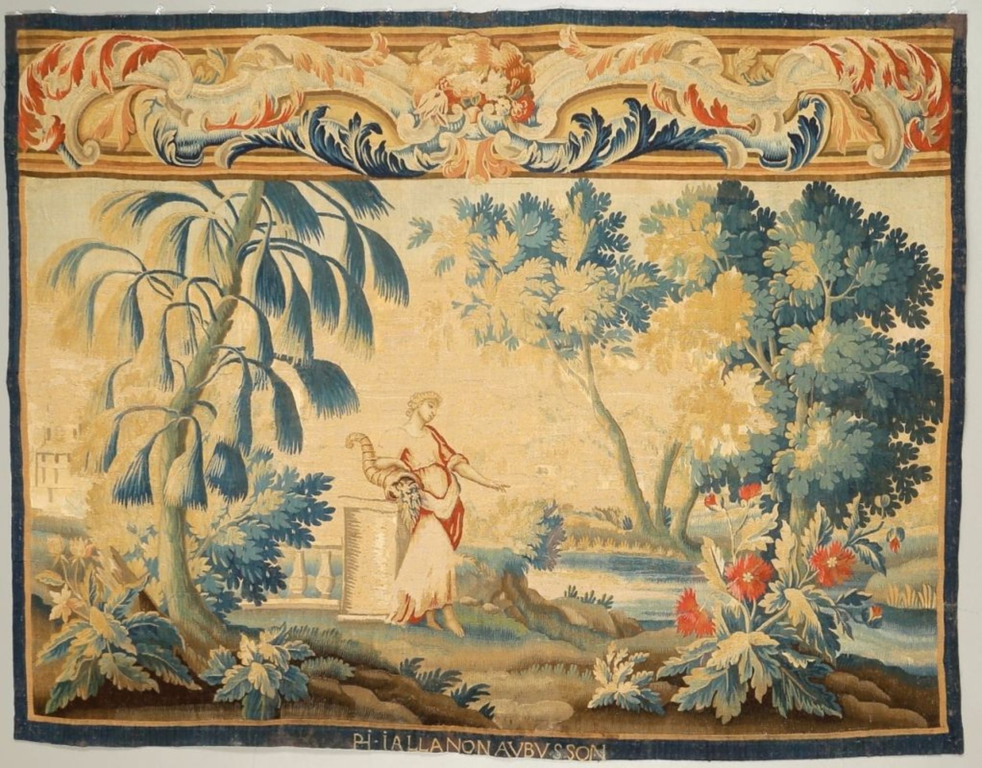 TapisserieAubusson/Frankreich, um 1700. Baumwolle. Pflanzenfarben. 150 x 200 cm. Bez. M. u.: