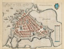 Johannes Janssoniusum 1588 Arnheim - 1664 Amsterdam wohl - "Stralsundia" - Kolor. Kupferstich.