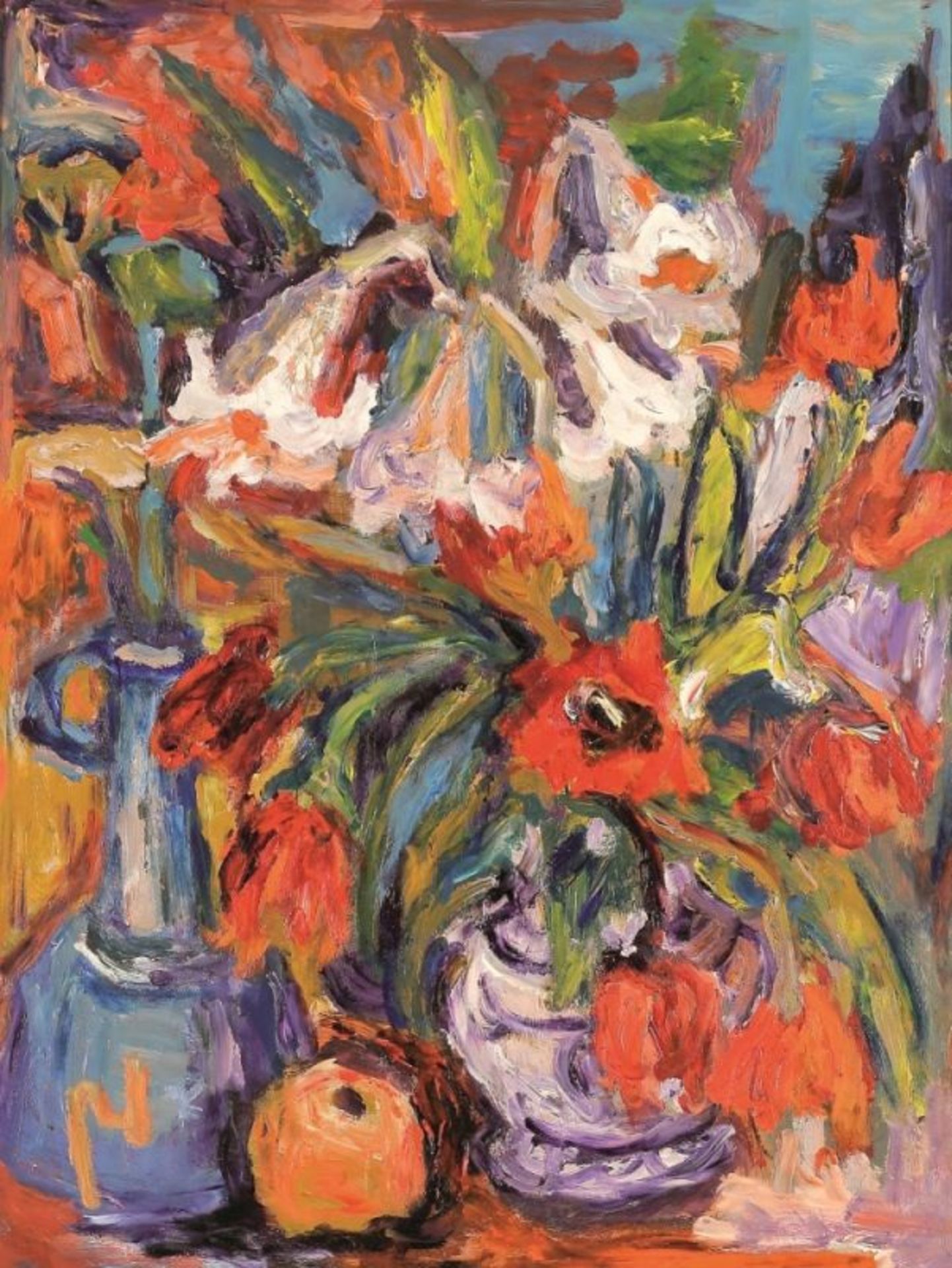 Paul Werner1904 Gerdorf/Sachsen - 1985 Immenstadt - "Tulpen und Lilien" - Öl/Karton. 80 x 60 cm.