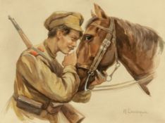 Nikolai Semenovich Samokish1860 Nezhin - 1944 Simferopol - Soldat und Pferd - Aquarell/Papier. 23,