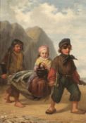 Julius Wagner1818 Schleswig - 1879 - Heimkehrende Fischerkinder mit ihrem Fang - Öl/Holz. 35,5 x