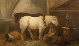 Künstler des 19. Jahrhunderts- Pferde im Stall - Öl/Lwd. 76 x 127 cm. Sign. l. u.: G. Barker (?).