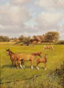 Helmut Stöcker1950 - "Auf einer sommerlichen Pferdekoppel in Morsum auf Sylt" - Öl/Holz. 20 x 15 cm.